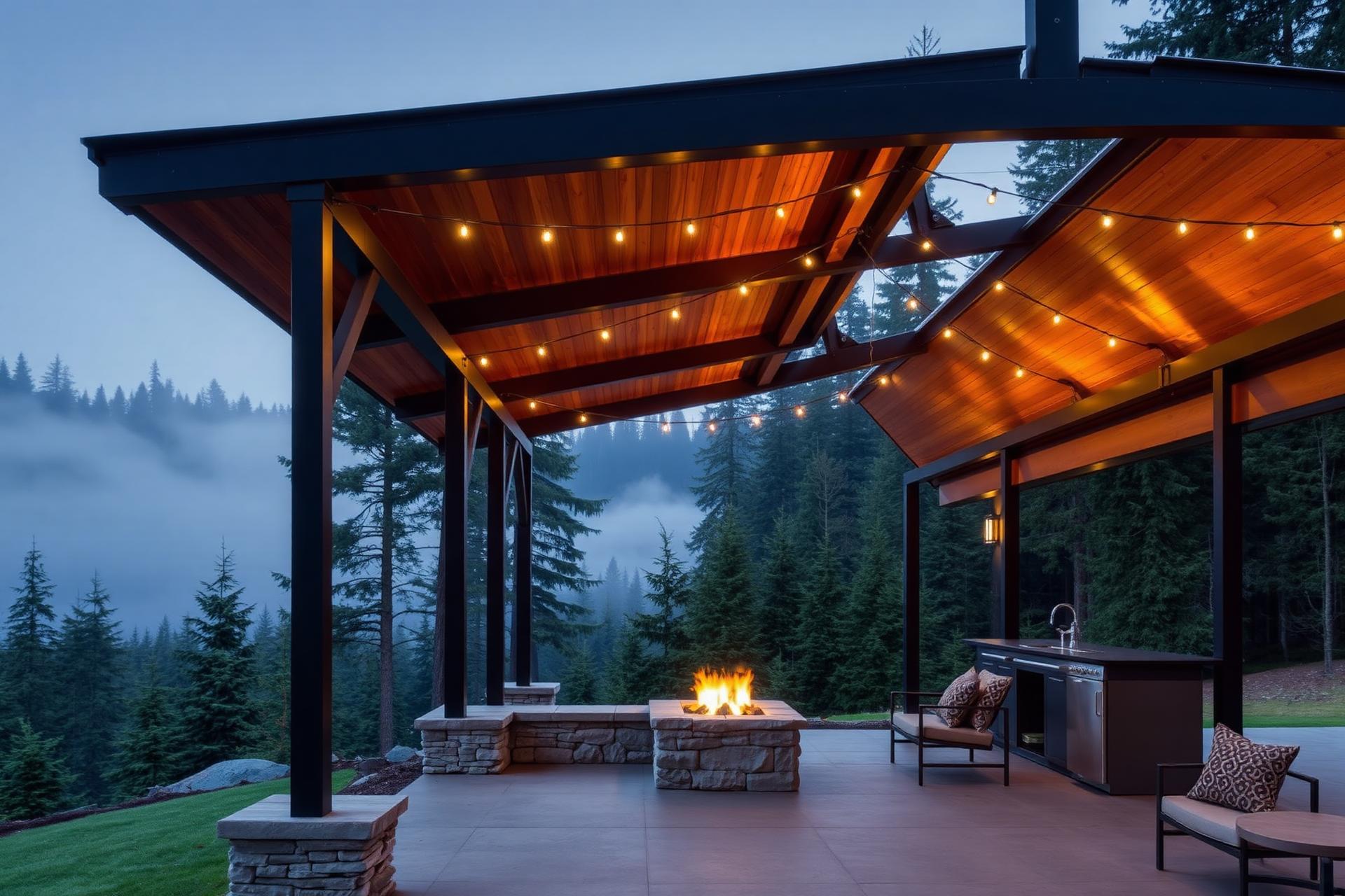 Covered cedar pavilion at dusk in the Pacific Northwest